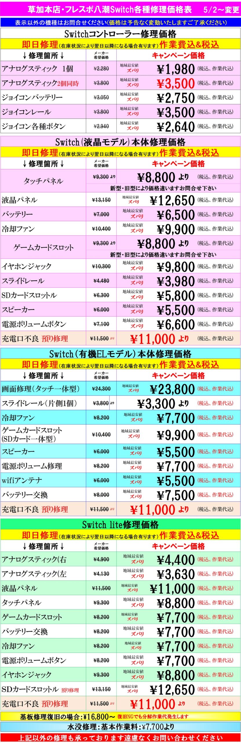 Switch修理は草加市、八潮市、川口市、三郷市、吉川市、南流山、葛飾区、足立区、越谷市のお客様は当日修理で技術力地域ＮＯ１、総務省修理登録店、フレンド・フレスポ八潮店へ