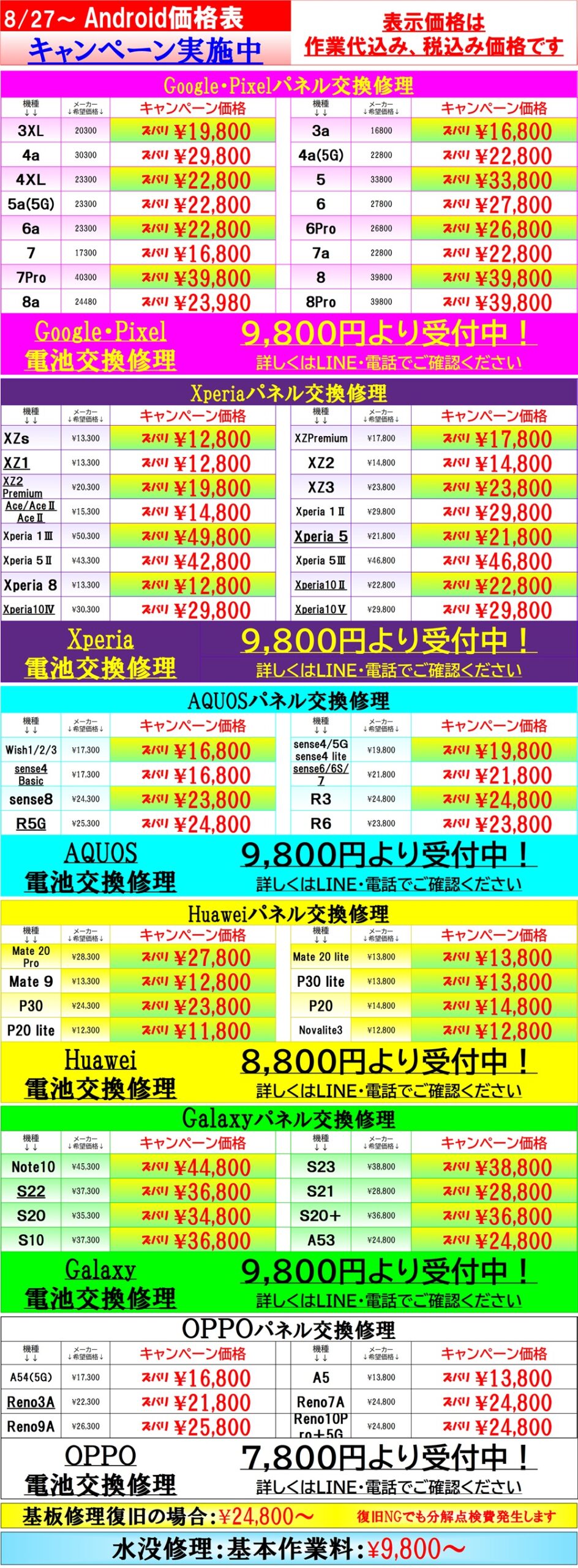 Androidスマホの修理は草加市、八潮市、川口市、三郷市、吉川市、南流山、葛飾区、足立区、越谷市のお客様は技術力地域ＮＯ１、総務省修理登録店、修理工房フレスポ八潮店へ